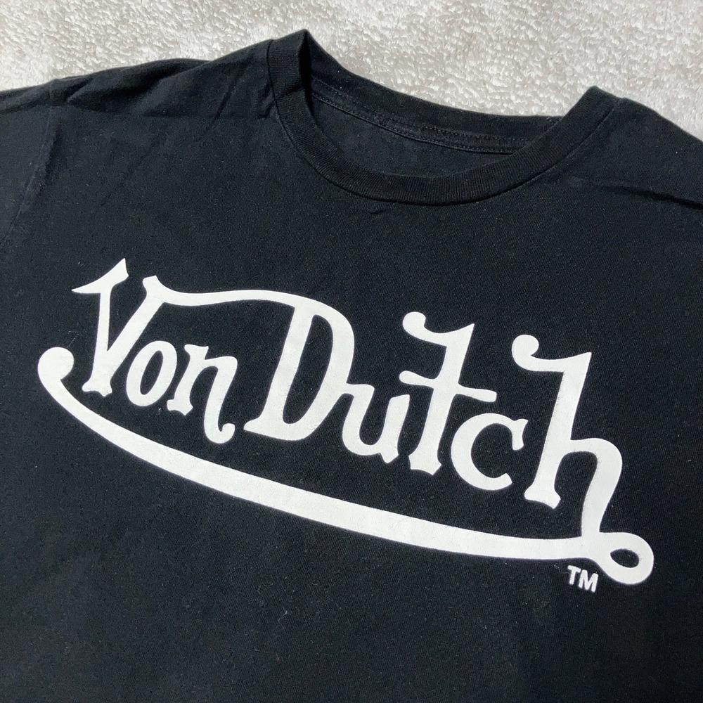 Y2K Von Dutch Spellout Logo Graphic T-Shirt Black White Mens Small